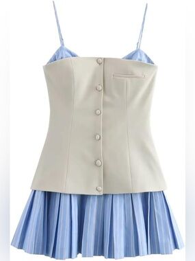 Zara Cream Bustier Top with Light Blue Striped Skirt